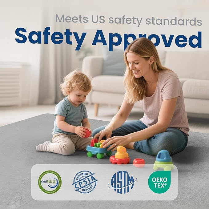 Baby Play Mat for Floor,Extra Large 79"×118" Playroom Mat,Thicker Memory Foam Classroom Mats,Water Repellent Ultra Soft Coral Velvet,Non-Slip Backing Safe for Crawling(Light Grey)