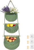 Halidali 3 Tier Hanging Fruit Baskets for Kitchen, Boho Cotton Rope Handwoven Vegetable Hammock Produce Storage Wall Mounted Large Organizing Basket for Farmhouse Decor, Onion, Potato (Green)