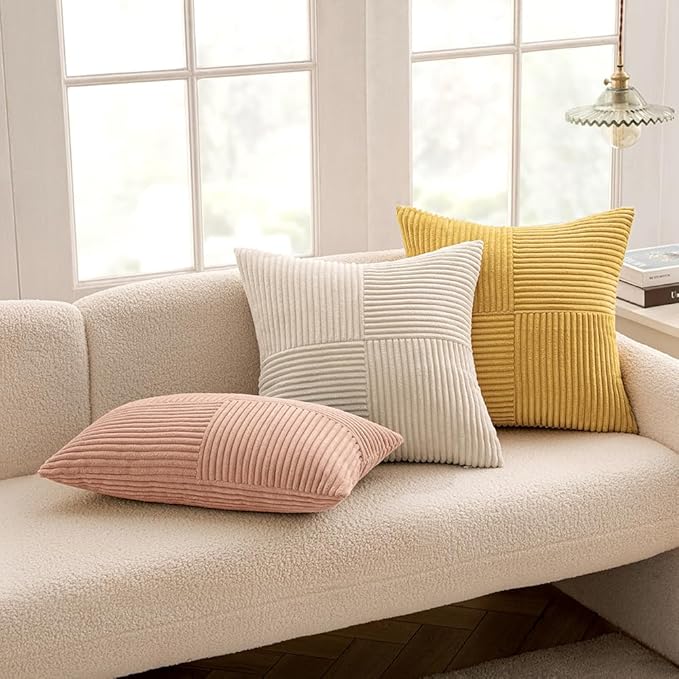 MIULEE Golden Mustard Decorative Lumbar Throw Pillow Covers 12x20 Inch for Couch Bed Sofa Pack of 2 Boho Farmhouse Throw Pillows Soft Cross Corduroy Patchwork Textured Cushion Cases