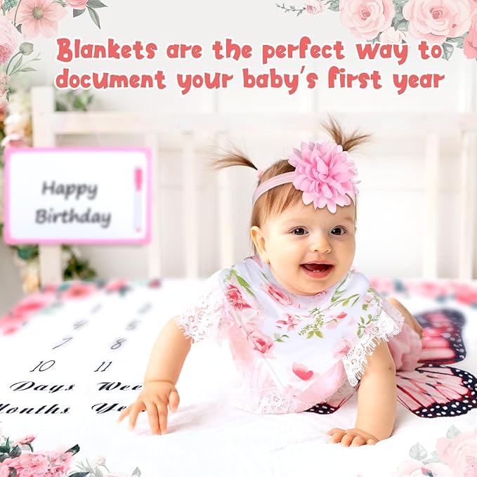 Chumia 6 Pcs Baby Monthly Milestone Blanket for Girl 60" x 40" Butterfly Milestone Blanket Age Photo Photography Backdrop with Newborn Calendar Growth Chart Bib Headband(Pink,Floral Pattern)