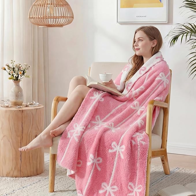 WRENSONGE Throw Blanket Vertical Stripes Bowknot Pink Soft Cozy Fluffy Warm Throw for Couch Sofa Bed Camping Picnic Travel Lightweight - 50"*60"