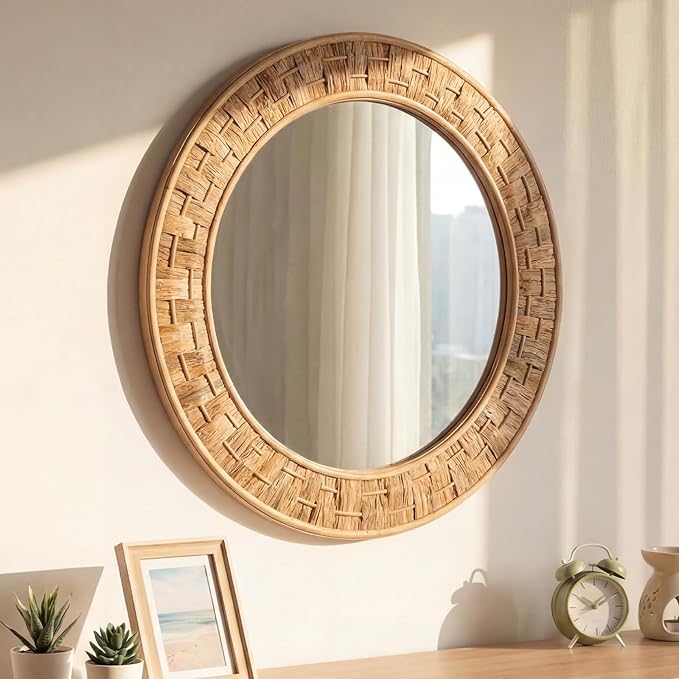 24 Inch Round Rattan Wicker Mirror, Rustic Boho & Farmhouse Style Handmade Woven Frame, Decorative Wall Mirror for Bathroom, Living Room, Bedroom, Entryway, Nursery Decor