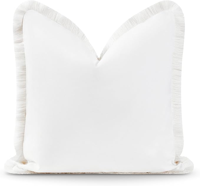 Hofdeco Premium Coastal Patio Indoor Outdoor Pillow Cover Only, 20"x20" Water Resistant, Solid with White Fringe for Backyard, Couch.