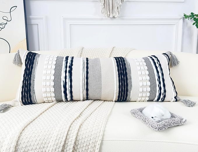 Chenille and Cotton Long Pillow for Bed, Striped Textured Boho Lumbar Throw Pillow Cover 12x36, Neutral Accent Decorative Extra Long Body Pillow Case for Couch, Sofa, Bedroom, Black and White