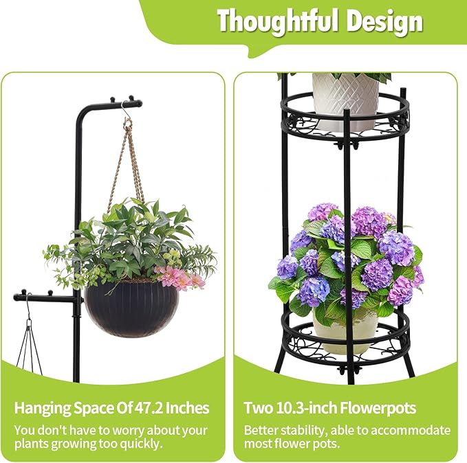 Adjustable Metal 4 Potted Flower Pot Plant Stands - 2 Tier 72 inch Tall Indoor Outdoor Heavy Duty Plant Shelf with Hangers - Perfect for Living Room Corner and Patio (Black)