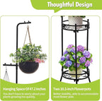 Adjustable Metal 4 Potted Flower Pot Plant Stands - 2 Tier 72 inch Tall Indoor Outdoor Heavy Duty Plant Shelf with Hangers - Perfect for Living Room Corner and Patio (Black)