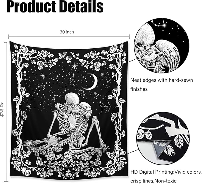 Wonrizon The Kissing Lovers Skull Tapestry,Black and White Romantic Constellation Skeleton Tapestries Wall Hanging decor for Living Room Bedroom (30”x 40”)