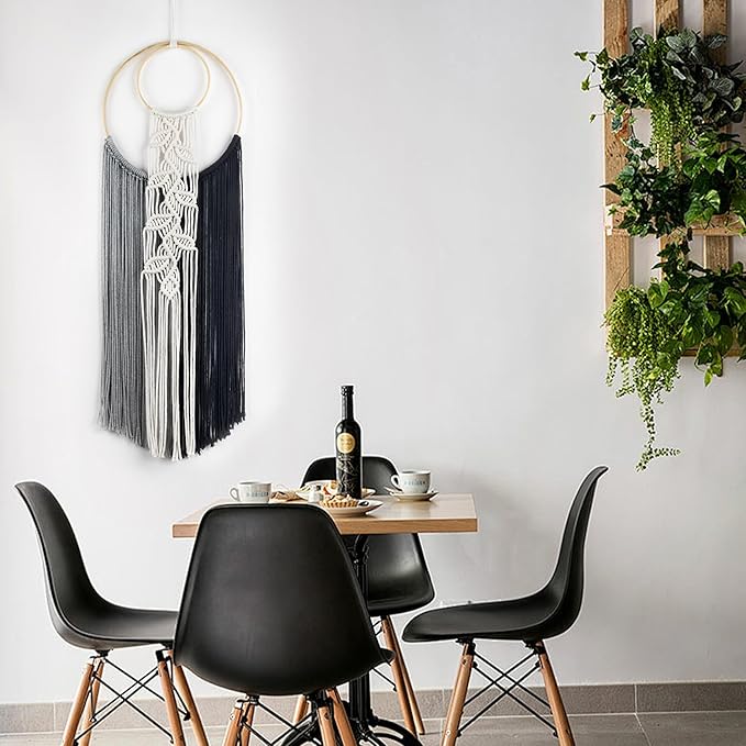 LB Boho Black White Grey Macrame Wall Hanging Hand Woven Leaf Pattern Tapestry Wall Art with Wood beads Modern Aesthetic Tassel Wall Decor for Home, Bedroom, Living Room