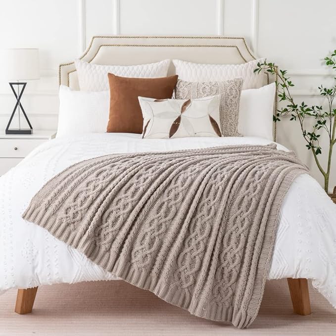 Battilo Light Grey Throw Blanket for Couch, Woven Chenille Knit Throw Blanket Versatile for Chair, 51 x 67 Inch Super Soft Warm Decorative Blanket for Bed, Sofa and Living Room