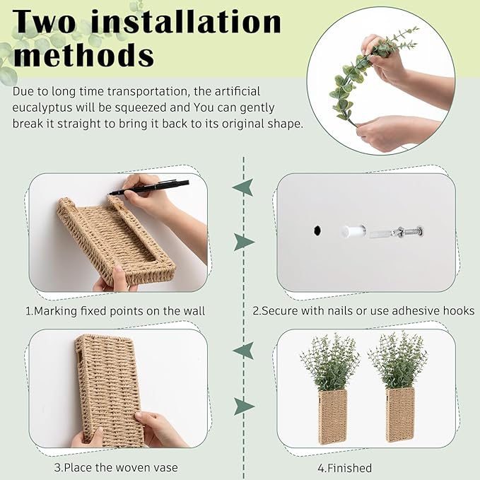 2 Pack Woven Wall Vase with Artificial Eucalyptus Boho Wall Basket Hanging Decor Rustic Pocket Planter Flower Vase for Indoor Living Room Bedroom Home Office Kitchen Decoration