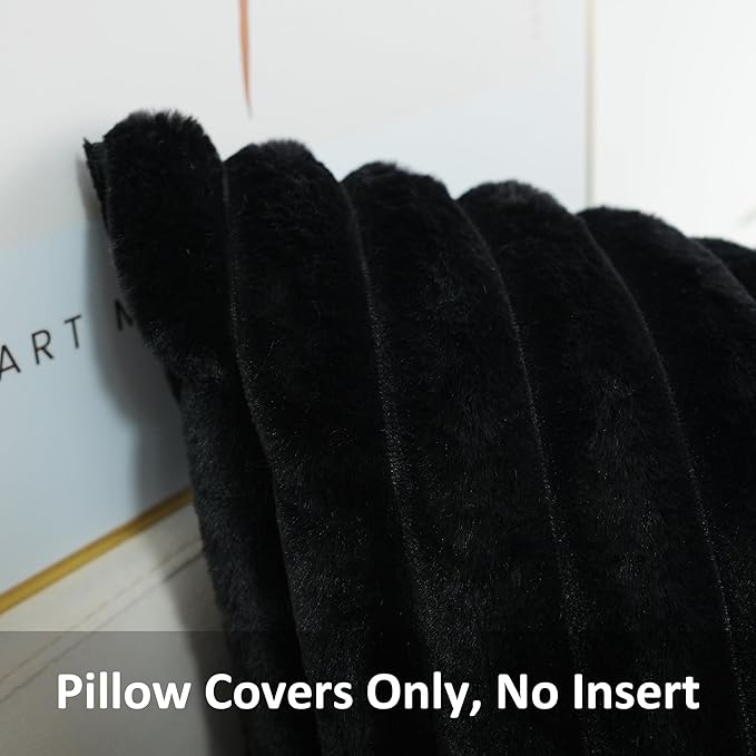 JOJUSIS Pack of 2 Faux Fur Plush Decorative Throw Pillow Covers Couch Cushion Case Soft Pillowcases (Black, 12 x 20-Inch)