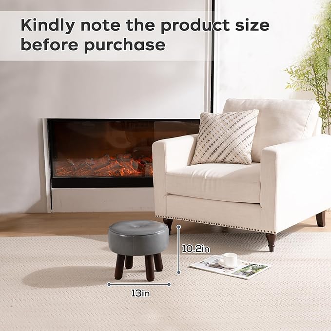 Ottoman, Small Foot Stool, Round Leather Pouf Ottoman, 13''L x 13''W x 10.2''H Foot Rest with Non-Skid Rubber Legs for Living Room Bedroom Couch Entryway, Grey