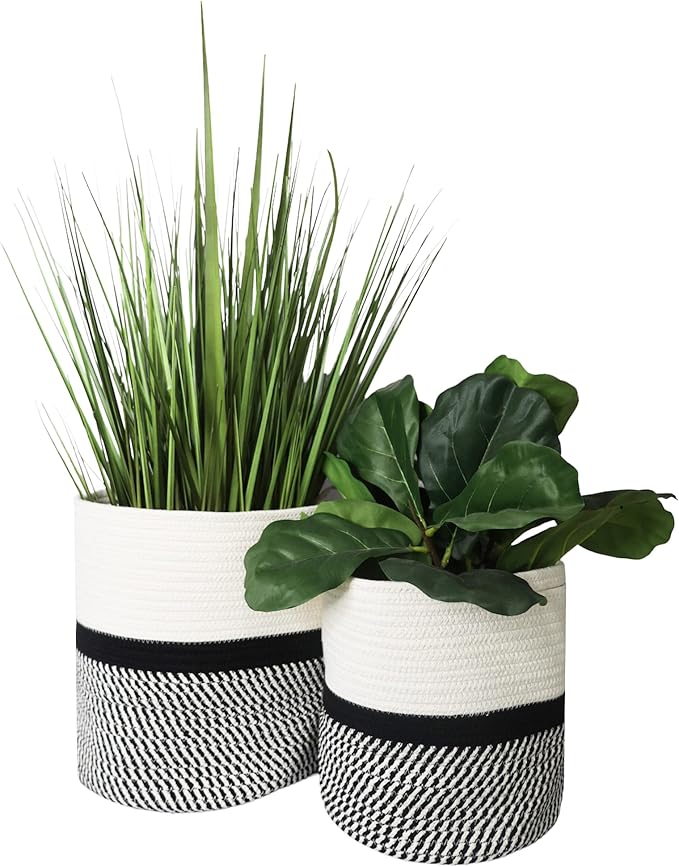 Decorative Baskets for Plants| 9- & 11-inch Pots for Indoor Plants | Floor Planter Pot Cover | Rope Plant Basket for Indoor (Small 9" Round, Ivory/Black)