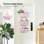 DULLEMELO Hanging Wall Basket for Wall Decor | Pink Woven Storage Basket with Button Strap | 3-Tier Hanging Baskets for Organizing | Hanging Kitchen Baskets