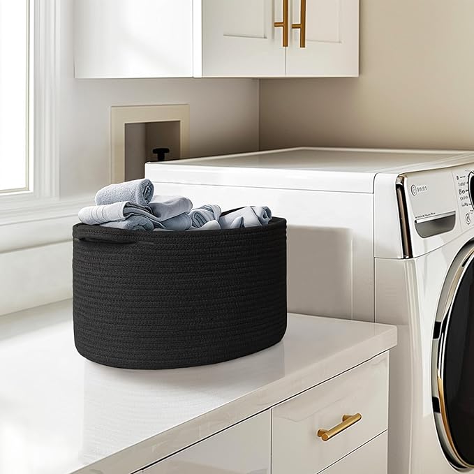 Black Woven Storage Basket, 17"x12"x8" Cotton Rope Baskets for Organizing Dog Toy, Gift, Book, Towel, Cloth, Shoe, Decorative Wicker Storage Bin for Shelves, Closet, Bathroom, Living Room