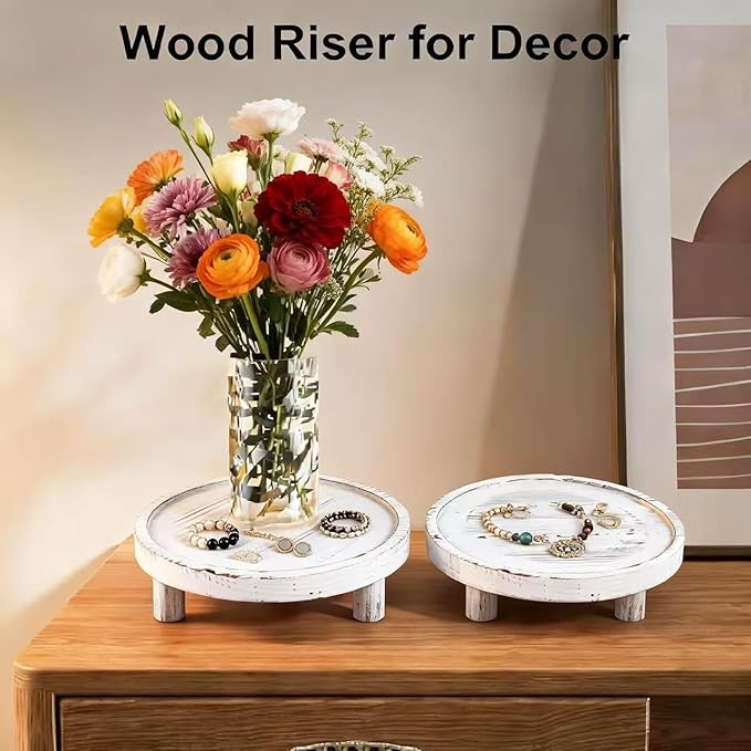 3PCS Wooden Display Stand， Rustic Whitewashed Wood Risers for Home Decor - Decorative Stackable Shelf for Plants, Candles, Books - Farmhouse Pedestal Stand (6” 8” 10”) (White coloe)