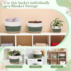 Remerry Plant Basket with Stand, Cotton Rope and Wicker Plants Baskets Indoor with Plastic Liner and Stand, Green White Woven Flower Pot for Indoor Home Living Room Floor Potted Decor(12inch)