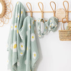 BabyWhale Muslin Swaddle Blanket with Hat and Headband Bow, Daisy Pattern Swaddle Set for Baby Boys & Girls, Soft Receiving Blanket, 47x47 inches, Green