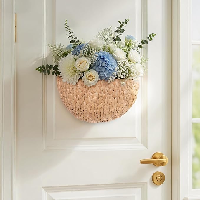 Wicker wall Basket, Scalloped Wall Basket Natural Water Hyacinth, Hanging Baskets for Organizing and Decor, Woven Storage Baskets for Door Mounted Entryway Flower Mail Plant Nursery