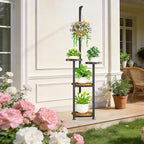 KMOTASUO Black 4 Tier Plant Stand Indoor with Hanging Ring, Tall Large Heavy Duty Metal and Wood Vertical Rack for Multiple Planter, Sturdy Rustic Corner Flower Shelf Holder Organizer for House Patio