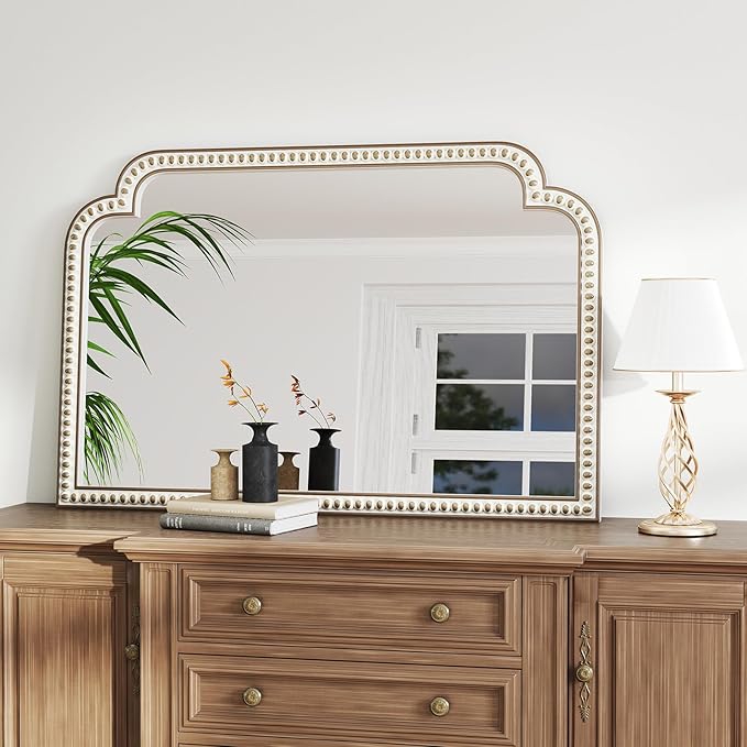 36x24 Inch Farmhouse Beaded Arched Wooden Wall Mirror, Boho Decorative Mirrors for Living Room, Bedroom, Entryway, Fireplace