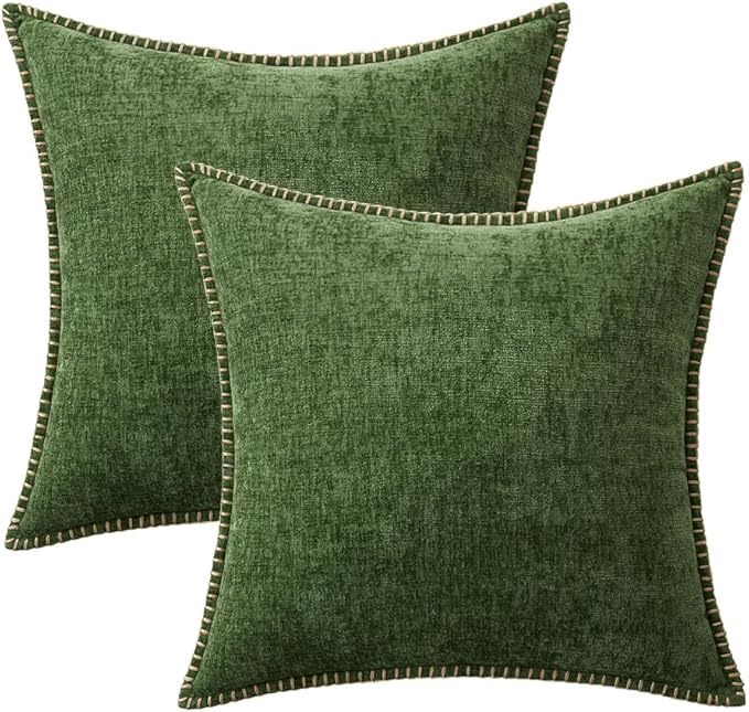 MIULEE Pack of 2 Couch Pllow Covers 18x18 Inch Moss Green Farmhouse Decorative Throw Pillow Covers with Stitched Edge Soft Chenille Solid Dyed Pillow Covers for Sofa Bed Living Room