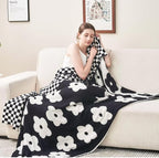 Checkered Throw Blanket, Black Super Soft Knit Breathable Throw Blanket, Cozy Fluffy Reversible Checkerboard Flower Fuzzy Blanket for Couch Sofa Bed Living Room Decor 50 x 60 inch