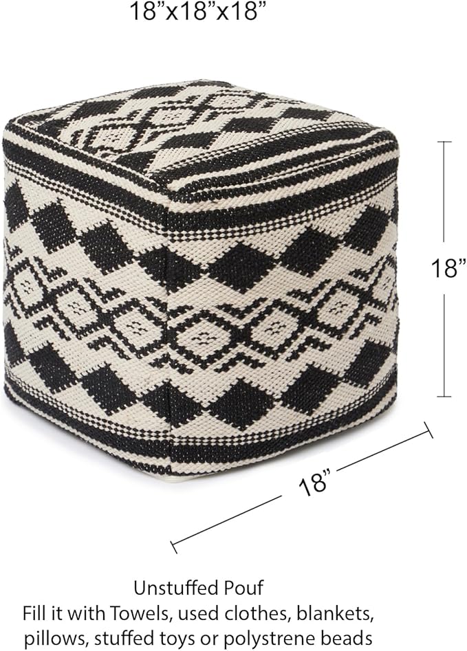 REDEARTH · UNSTUFFED Pouf Ottoman Cover Textured Cube Bean Bag Pouffe Footrest for Living Room, Bedroom, Nursery, Kidsroom; 100% Cotton(18"X18"X18", Linear Diamonds Black)