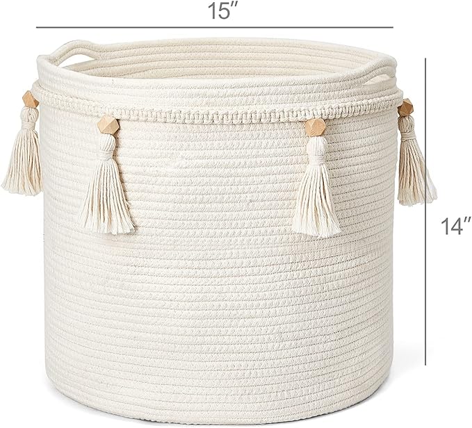 Mkono Macrame Decorative Cotton Rope Basket Boho Cute Woven Tassel Closet Storage Bins Organizer for Nursery,Baby Toys,Blankets,Magazines, Potted Plants Cover,Living Room,Bedroom Home Decor 15"x 14"