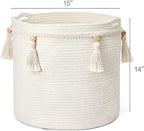 Mkono Macrame Decorative Cotton Rope Basket Boho Cute Woven Tassel Closet Storage Bins Organizer for Nursery,Baby Toys,Blankets,Magazines, Potted Plants Cover,Living Room,Bedroom Home Decor 15"x 14"