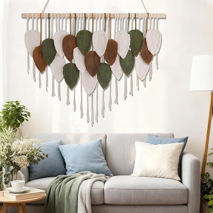 Tiaforza Macrame Wall Hanging Decor Art, Handmade Leaf Feather Woven Boho Wall Tapestry, Ideal Decor for Apartment, Bedroom, Living Room, Office and Dining Area, Size 39" W x 29.5" L