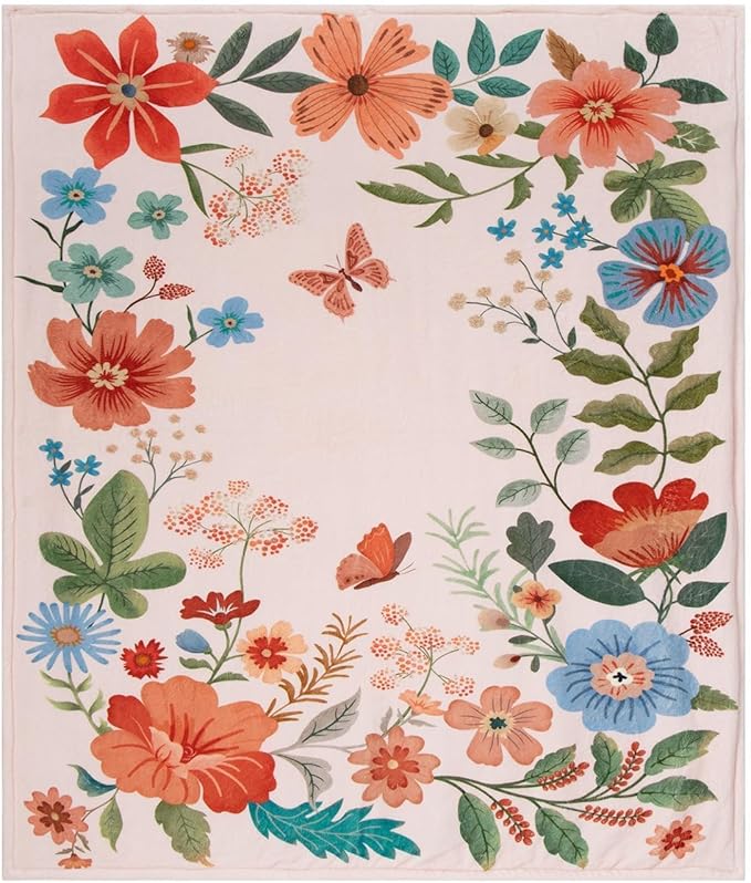 Lahome Floral Fleece Blanket for Women Girls Dorm Boho Decor, Small Throw Blanket for Couch Bed Chair Cover, Decorative Fleece Blanket Throws Mom Gift Spring Home Decor, Border Flower Pink 60x80