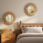 20 Inch Brown Boho Wall Decor Sunburst Mirror - Round Wooden Wall Decor, Handmade Rustic Circular Mirror for Living Room, Bedroom, Entryway, Office