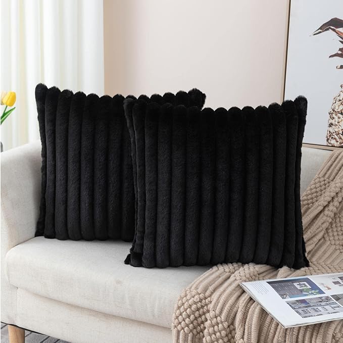 ZLINA Set of 2 Black Faux Fur Decorative Throw Pillow Covers Fluffy Striped Pillowcase Cushion Covers 18 x 18 Inch Decor Sofa Couch Bedroom
