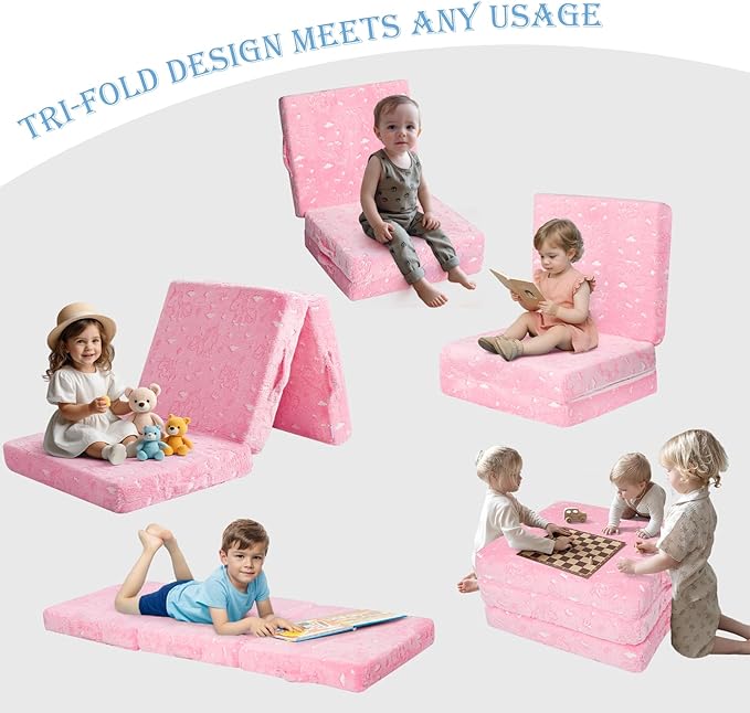 MeMoreCool Foldable Floor Mattress for Kids, Glow Unicorn Trifold Mat, Kids Folding Mattress Portable Futon, 57x22 Inch Pink