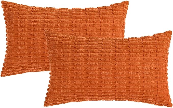 MIULEE Pack of 2 Orange Corduroy Decorative Lumbar Pillow Covers 20x12 Inch Soft Boho Striped Throw Pillow Covers Modern Farmhouse Home Decor for Summer Sofa Living Room Couch Bed
