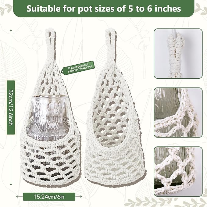 Macrame Wall Plant Hanger, Hanging Planter Basket Holder, Wall Planters for Indoor Plants, for Up to 6 Inch Pot (Ivory, 6-Inch)