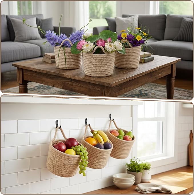3 Pack Fabric Wall Hanging Baskets Small Woven Hanging Basket with Handle and Hooks Boho Style Cotton Rope Flower Plants Baskets Decor for Living Room,Bedroom,Bathroom, 5.12 ×6.3", Linen