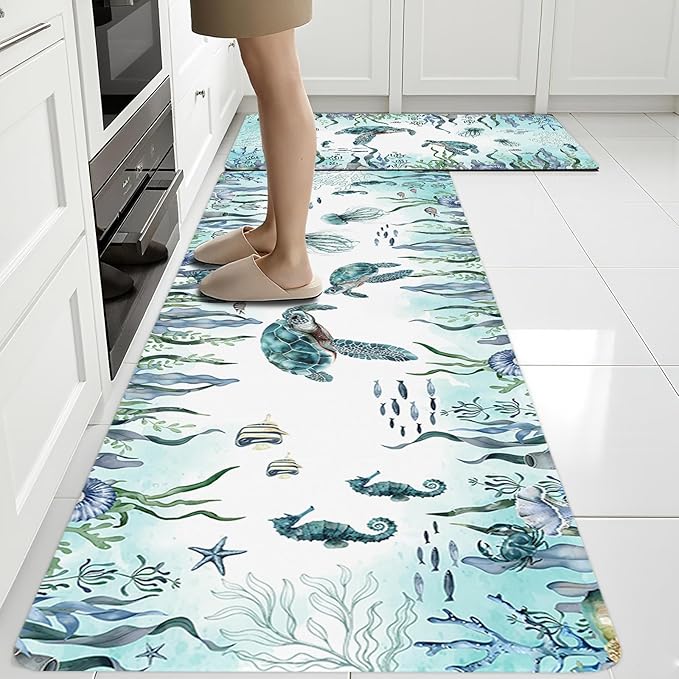Sea Turtle Rugs for Kitchen Floor, Coastal Beach Anti Fatigue Mats for Kitchen Floor Non Slip, 2PCS Rubber Kitchen Mat, Washable Cushioned Carpet for Sink Laundry Christmas 15.7"×27.5" +15.7"×47"3.5mm