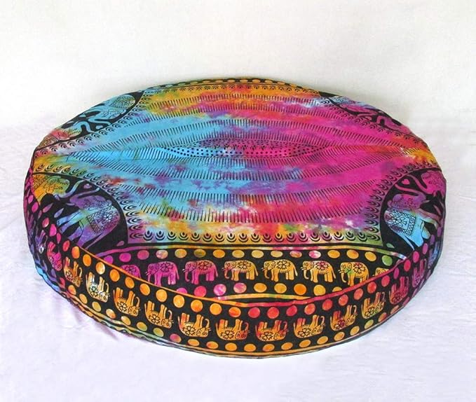 ICC Large Hippie Mandala Round Floor Pillow Cover Ottoman Pouf Cover Daybed Oversized Cotton Cushion Cover with Heavy Duty Zipper Seating Ottoman Poufs Dog-Pets Bed (Multi UP Elephant, 35" Round)