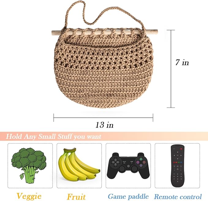 Hanging Fruit Basket Handmade Boho Cotton Rope Wall Hanging Basket Over Door Storage Woven Baskets for Kitchen and Bedroom to Store Any Small Stuffe (1, jute)