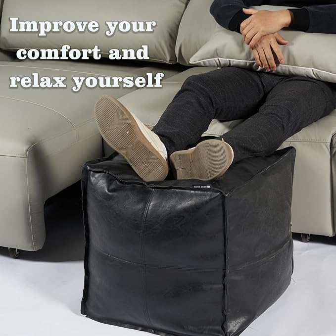 Louis Donné Square Unstuffed Pouf Ottoman Cover - Waterproof Faux Leather Footstool for Living Room, Modern Black Floor Cushion with Storage, Easy Clean, 18 Inch (Cover Only)