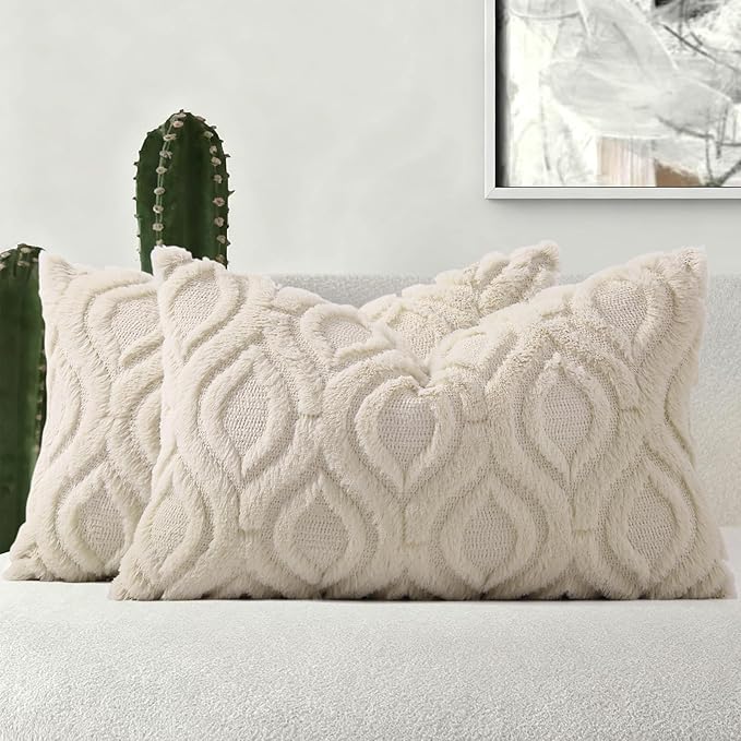 decorUhome Cozy Textured Throw Pillow Covers 12x20 Inch Set of 2, Soft Plush Faux Wool Beige Accent Couch Pillow Covers for Modern Farmhouse Sofa Bed Living Room