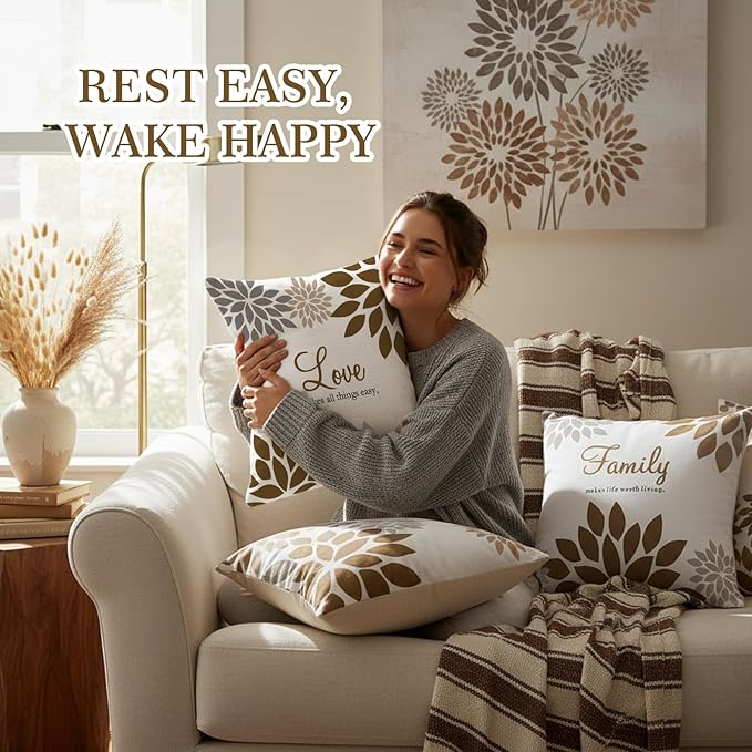 Tatuo 4 Pcs Flower Pillow Covers Square Spring Pillow Cushion Cases 18 x 18 Inch Family Faith Hope Love Words Decorative Summer Winter Cushion Case for Bed Couch Sofa Living Room(Dark Brown Series)