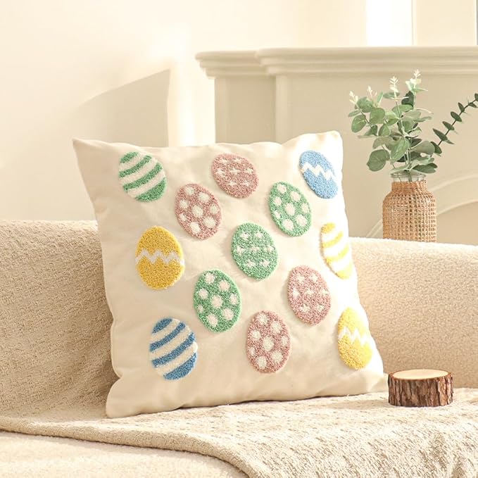 Jonhier Easter Throw Pillow Covers, Muted Morandi Colorful Easter Egg Decorations with Tufted Embroidery, Boho Farmhouse Neutral Rustic Spring Decorative Pillows for Couch Sofa, 18x18 Inch, 1 PC