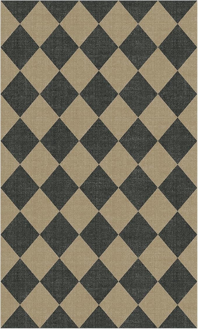 Lessymo Checkered 3x5 Outdoor Patio Rug, Washable Easy Jute Rugs for Entryway Indoor Outdoor Living Room Carpet, Farmhouse Non Slip Door Mat for Backyard Bedroom, Diamond Black/Beige