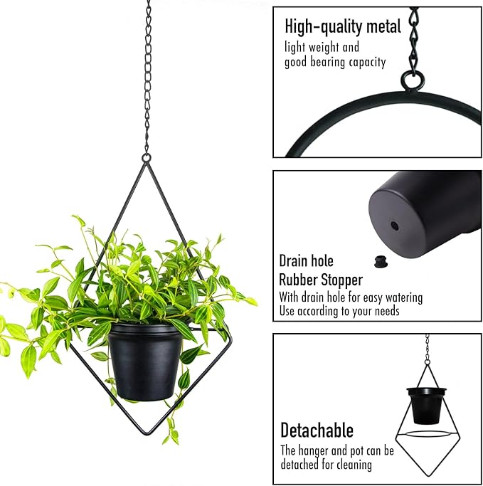 Modern Metal Hanging Planters Set of 2 - Round and Diamond Geometric Plant Hangers with 5 Inch Pots - Black Wall and Ceiling Mount Flower Holders for Indoor Houseplants, Boho Home Décor
