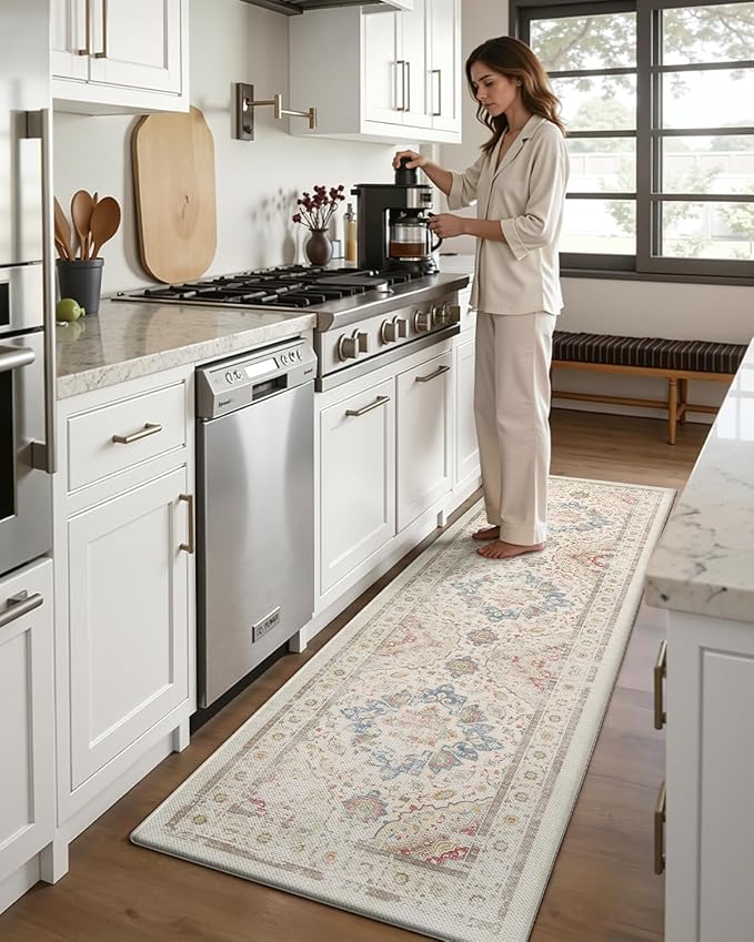 DEXI Kitchen Mats for Floor Cushioned, 23x86 Extra Large Wide Runner Rug Non Slip, Waterproof Soft Comfort Standing Padded Anti Fatigue Decorative, Light Beige