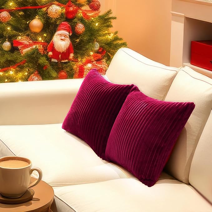 Simmore Decorative Throw Pillow Covers 20x20 Set of 2, Soft Natural Plush Flannel Double-Sided Fluffy Couch Pillow Covers for Sofa Living Room, Burgundy