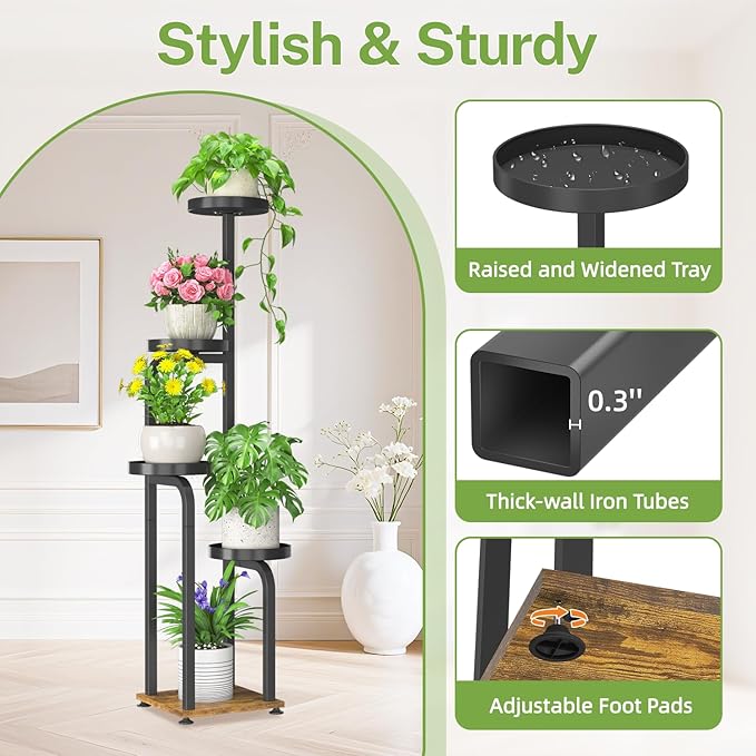 iDavosic.ly Tall Plant Stand Indoor, 4 Tier Corner Multiple Flower Holder Shelf with Metal Trays, Space Saving Display Rack for Living Room Balcony Patio Porch Outdoor | Black & Brown